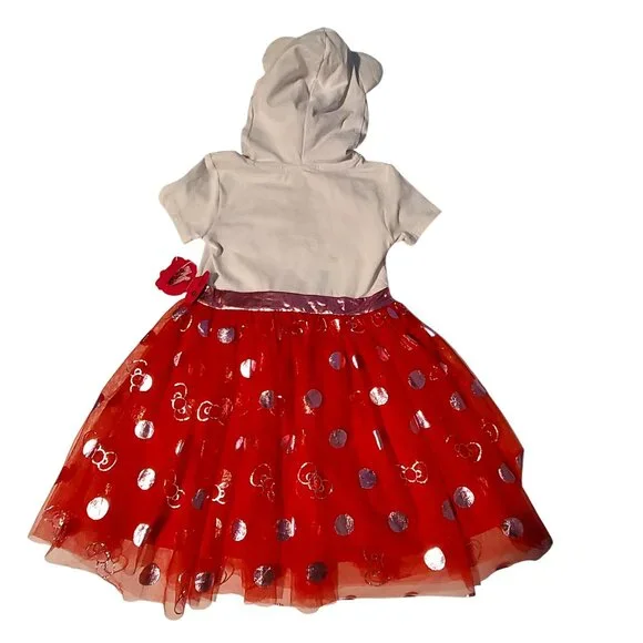 Hello Kitty Hooded Dress XS Red Tulle Skirt White Top Short Sleeves Kids Outfit - Picture 2 of 8